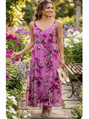 White House Black Market Pink Floral Maxi Dress with Spaghetti Straps